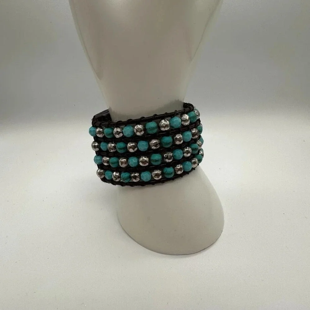Fik Yung Boho Turquoise‎ Silver Tone Beaded Wrap Bracelet Brown Leather Snap